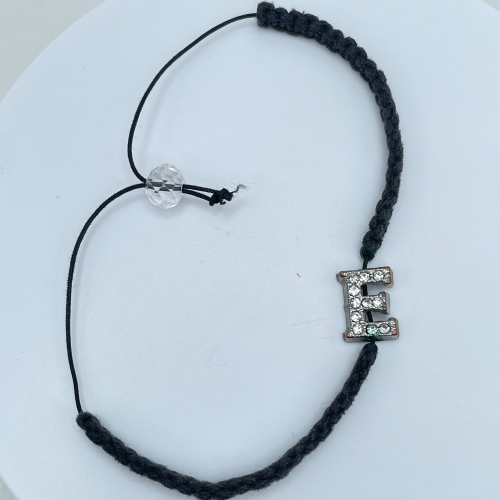 Vintage 90s Y2K Black Cord Bracelet Rhinestone Letter E Initial Charm Bracelet